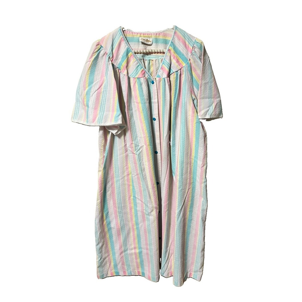 Dan-Ellen House Coat Womens 44 Pastel Striped Fair Vintage Button Front Duster